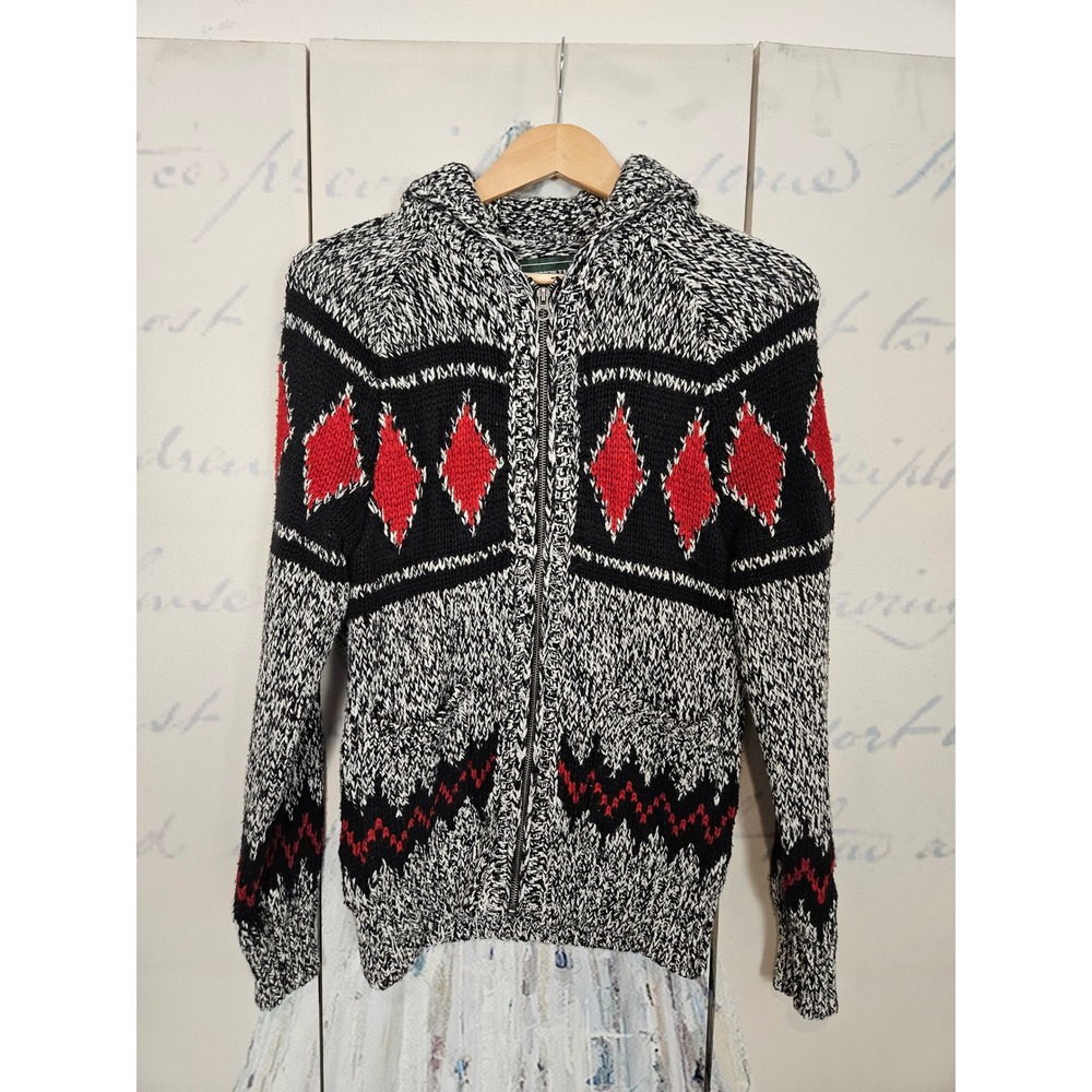 American Eagle Mens XS Argyle Full Zip Cardigan Black Red Chunky Knit